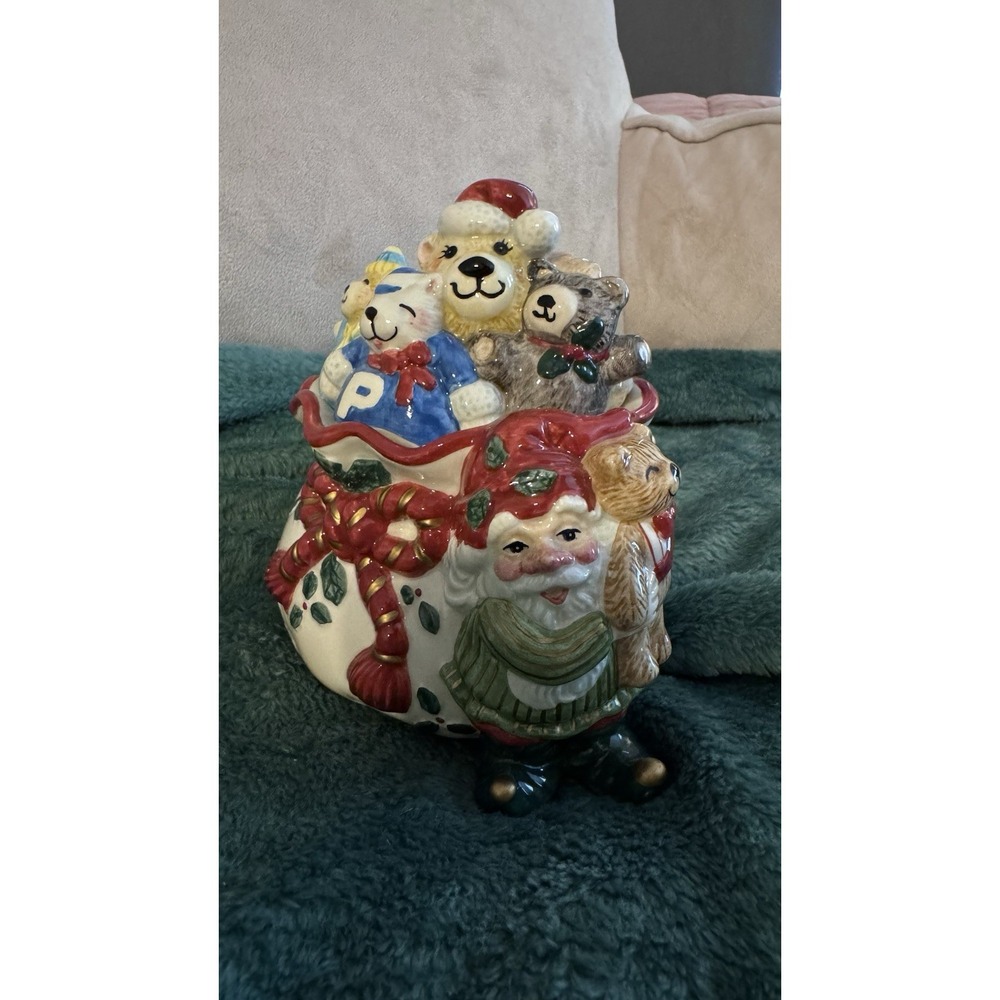 Vtg Christmas Fitz & Floyd Elf & Teddy Bears Lid Covered Candy Dish 6"